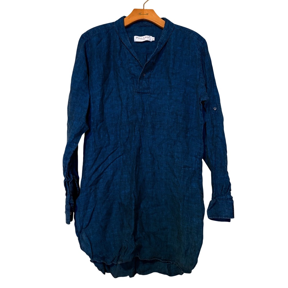Pollen Homme Indigo Blue 100% Linen Tunic Henley Roll-Tab Sleeve‎ Shirt 40cm M